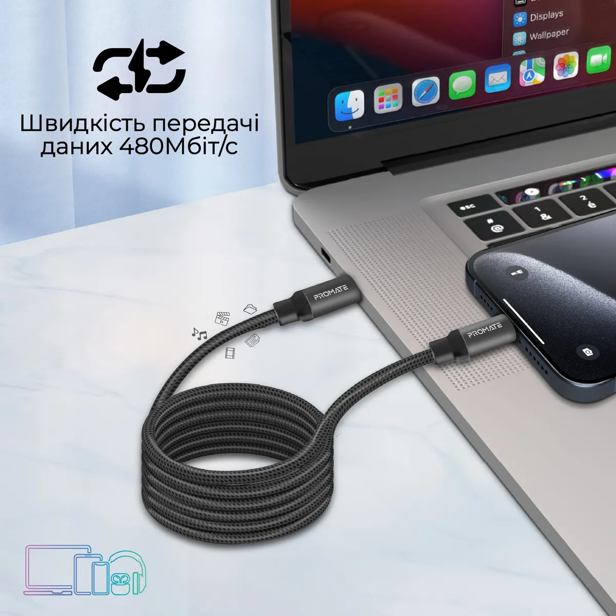 Кабель Promate Springy USB Type-C - USB Type-C (M/M), 3 A, 60 W, 1.2 м, Black - мініатюра 2