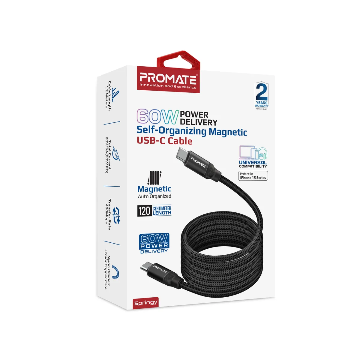 Кабель Promate Springy USB Type-C - USB Type-C (M/M), 3 A, 60 W, 1.2 м, Black - мініатюра 7