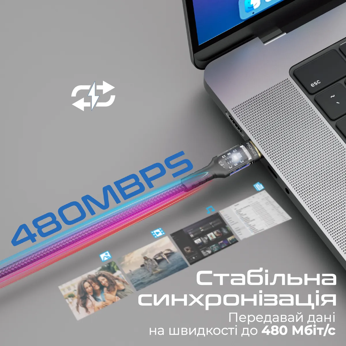 Кабель Promate Lucidline-CC200 USB Type-C - USB Type-C (M/M), 5 A, 100 W, 2 м, Black - мініатюра 3