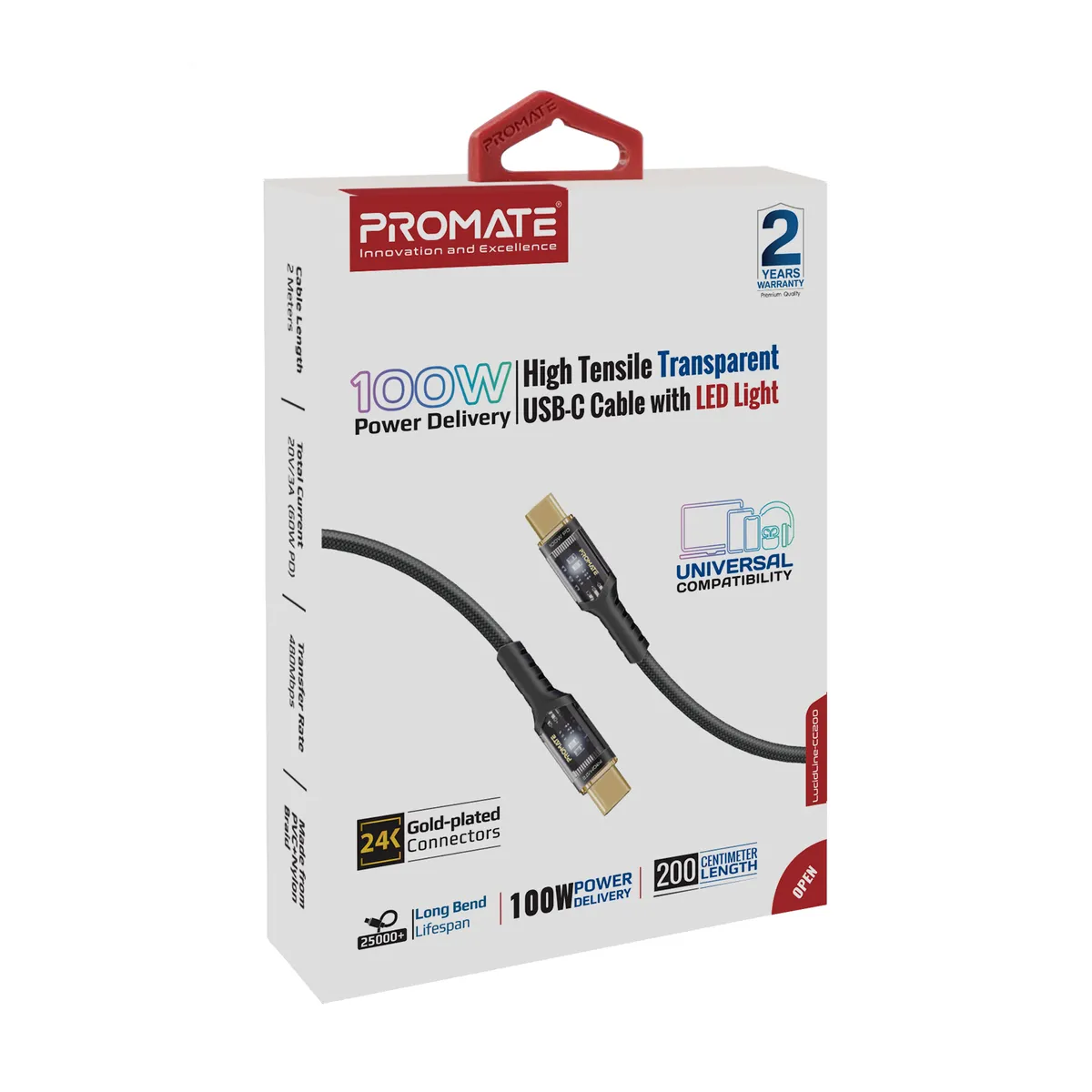 Кабель Promate Lucidline-CC200 USB Type-C - USB Type-C (M/M), 5 A, 100 W, 2 м, Black - мініатюра 7