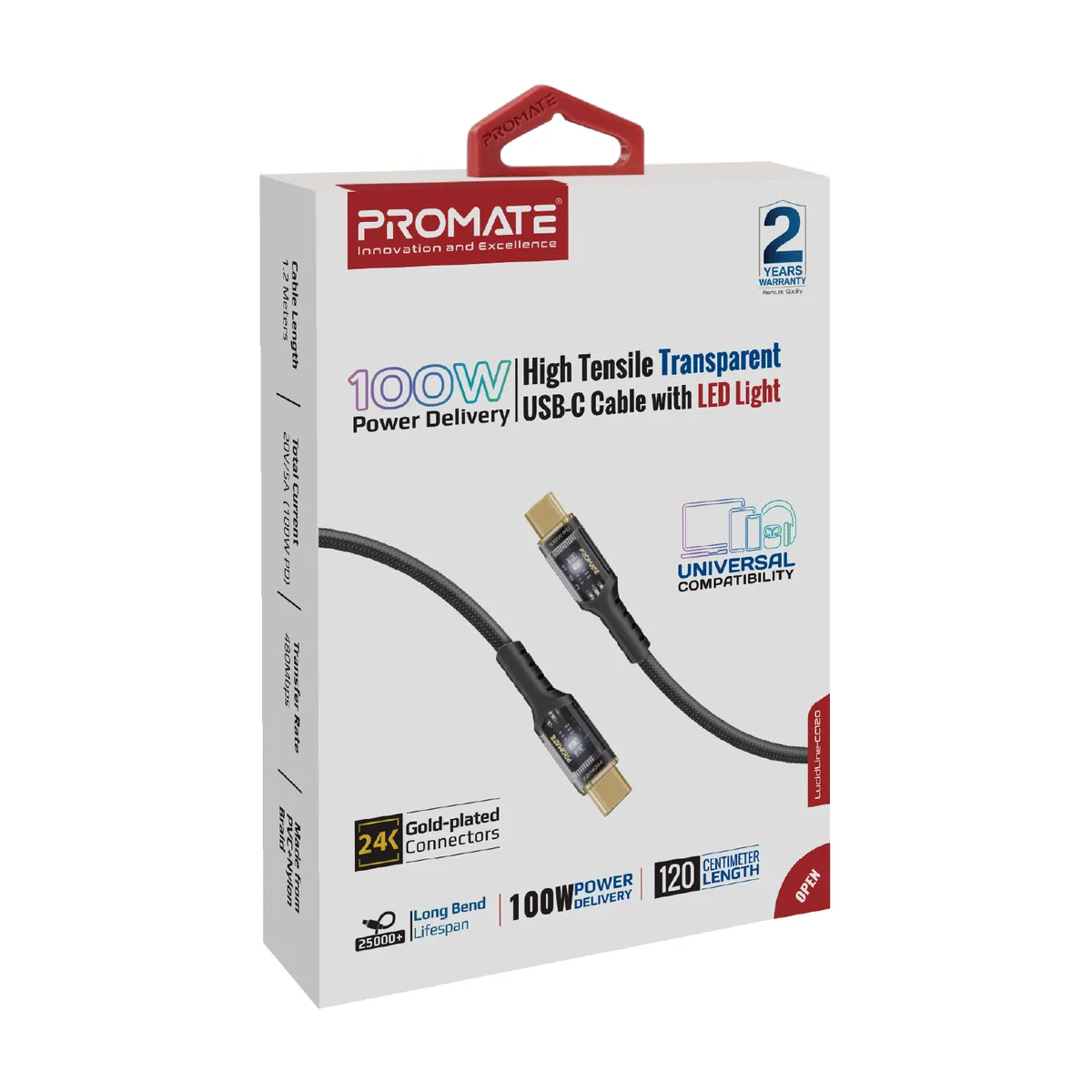 Кабель Promate Lucidline-CC120 USB Type-C - USB Type-C (M/M), 5 A, 100 W, 1.2 м, Black - мініатюра 2