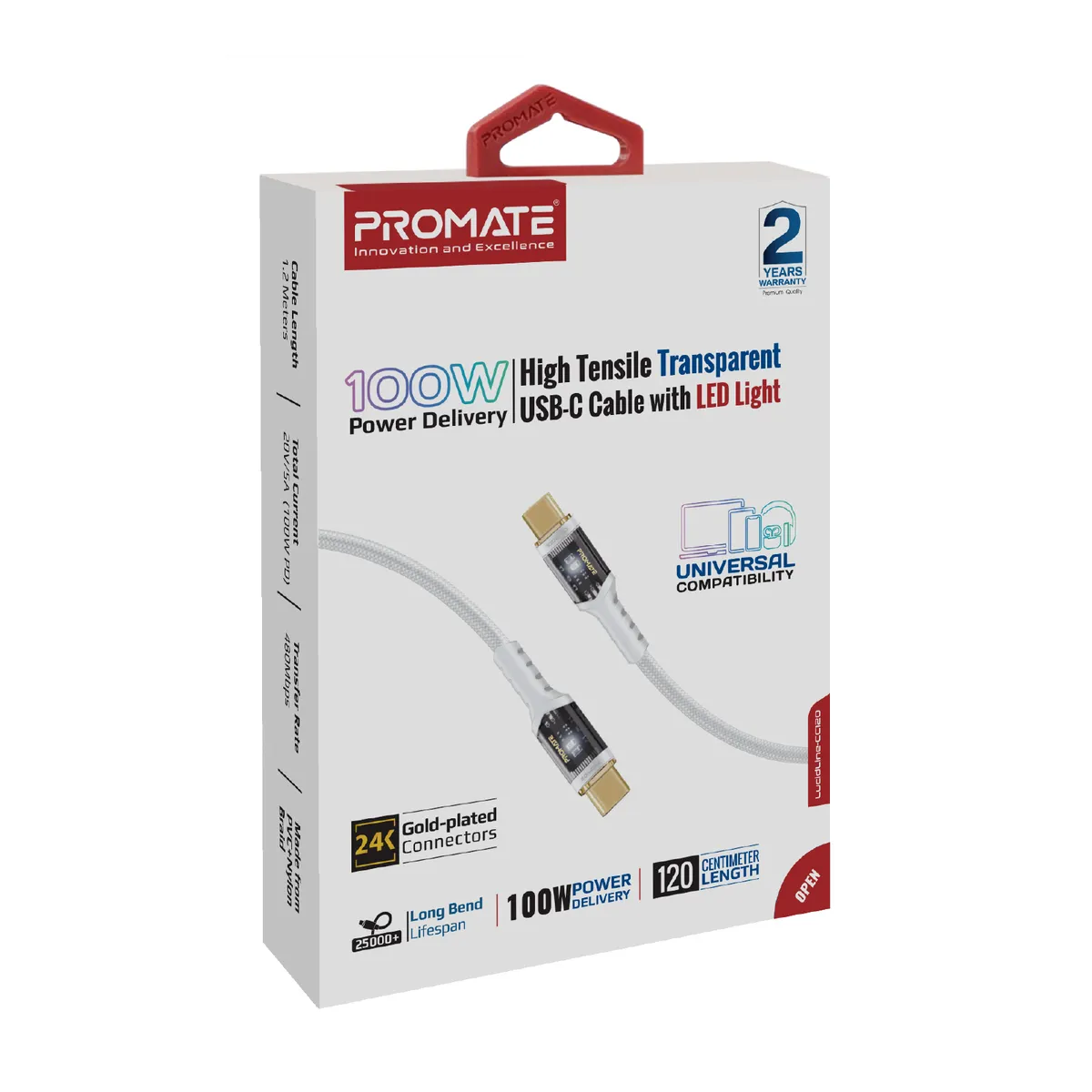 Кабель Promate Lucidline-CC120 USB Type-C - USB Type-C (M/M), 5 A, 100 W, 1.2 м, White - мініатюра 7