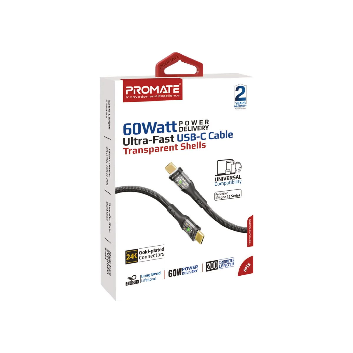 Кабель Promate TransLine-CC200 USB Type-C - USB Type-C (M/M), 3 A, 60 W, 2 м, Black - мініатюра 7