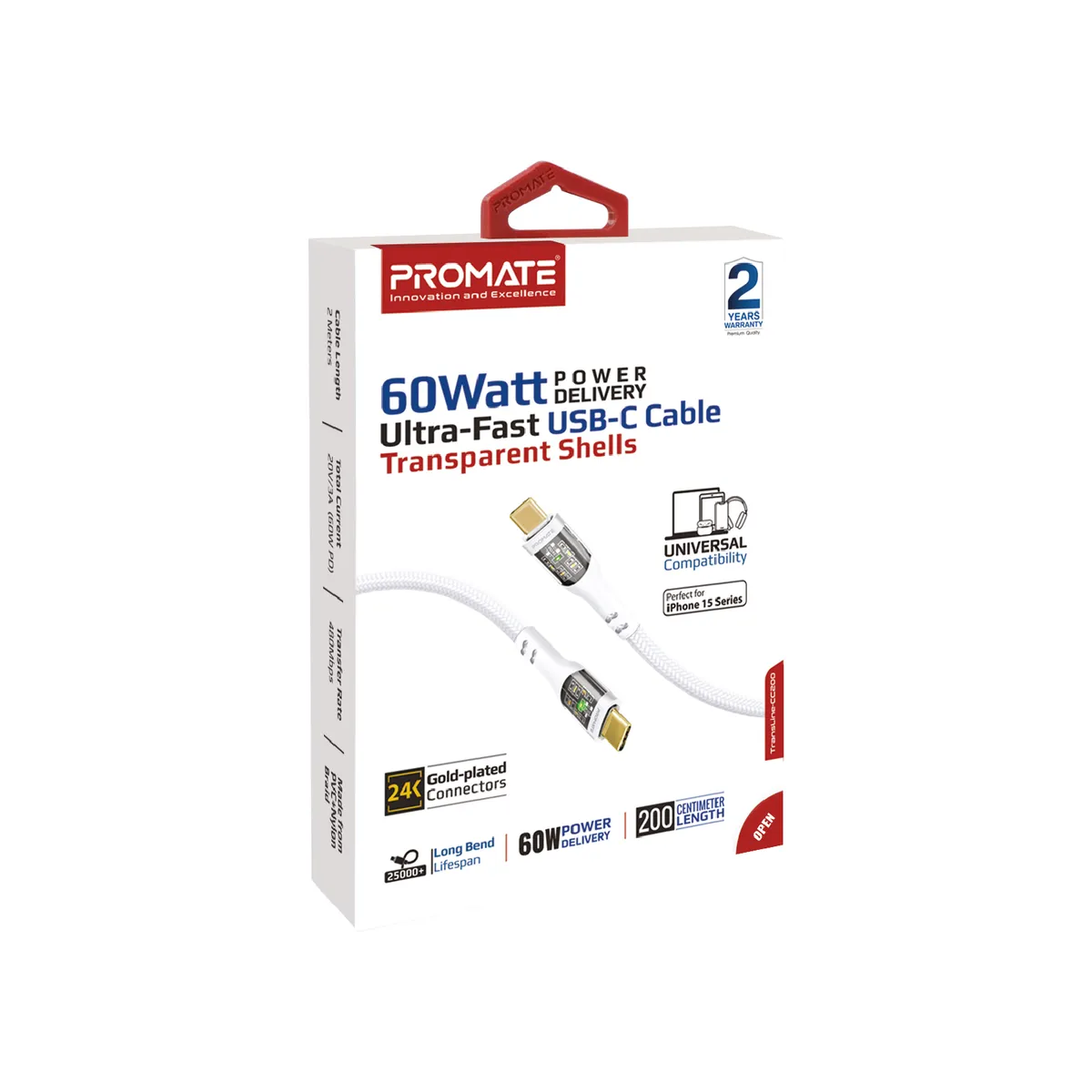 Кабель Promate TransLine-CC200 USB Type-C - USB Type-C (M/M), 3 A, 60 W, 2 м, White - мініатюра 7