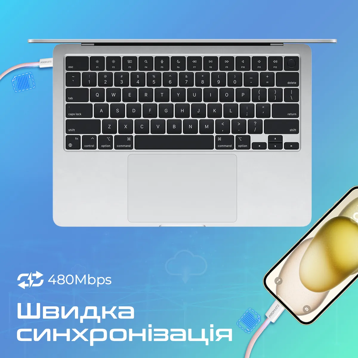 Кабель Promate EcoLine-CC200 USB Type-C - USB Type-C (M/M), 3 A, 60 W, 2 м, Pink - мініатюра 2