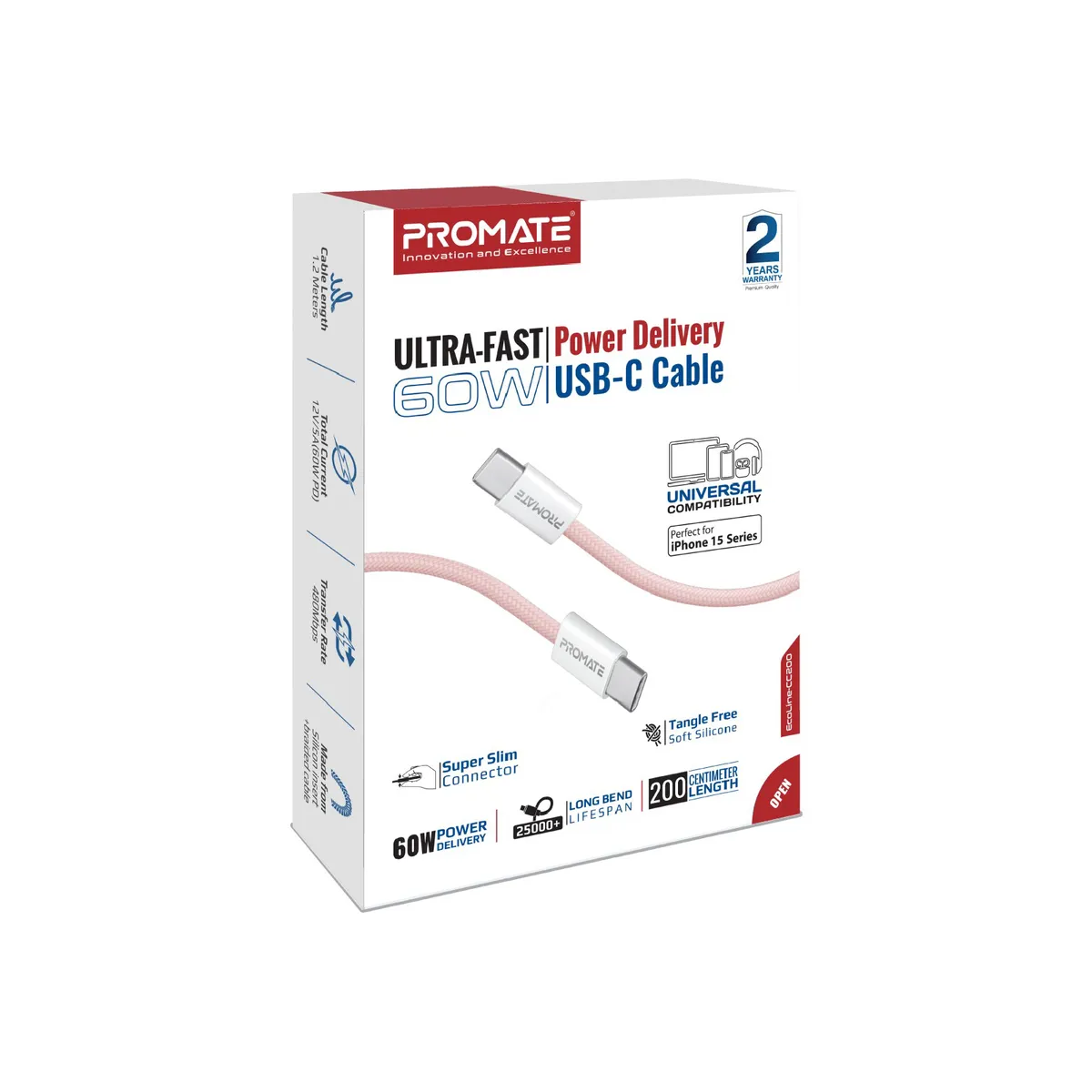 Кабель Promate EcoLine-CC200 USB Type-C - USB Type-C (M/M), 3 A, 60 W, 2 м, Pink - мініатюра 6