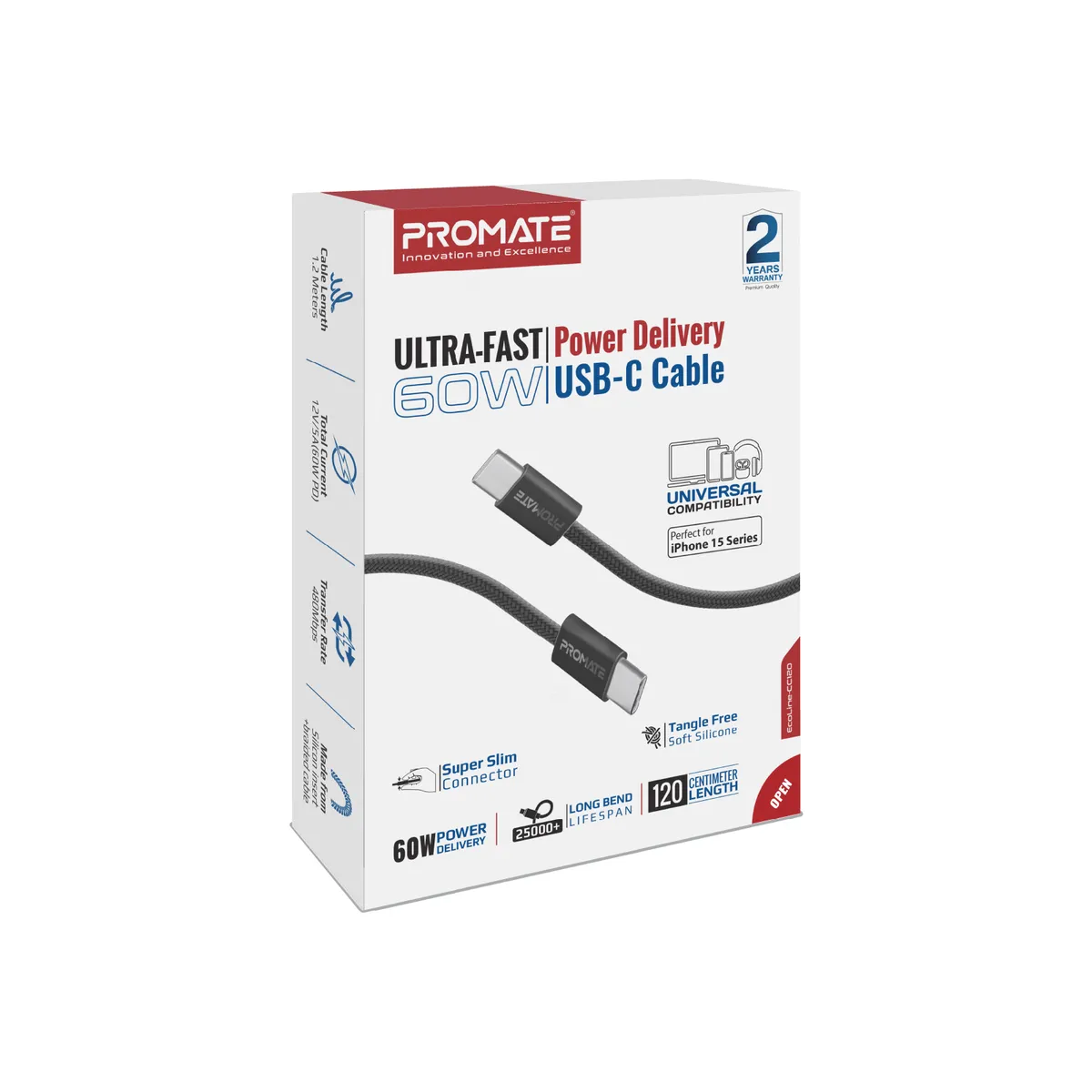 Кабель Promate EcoLine-CC120 USB Type-C - USB Type-C (M/M), 3 A, 60 W, 1.2 м, Black - мініатюра 6