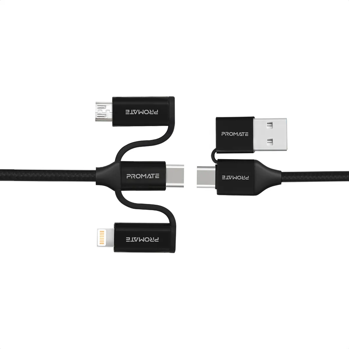 Кабель Promate PentaPower USB + USB Type-C -  Lightning + micro USB + USB Type-C (M/M), 3 A, 60 W, 1.2 м, Black - зображення 1