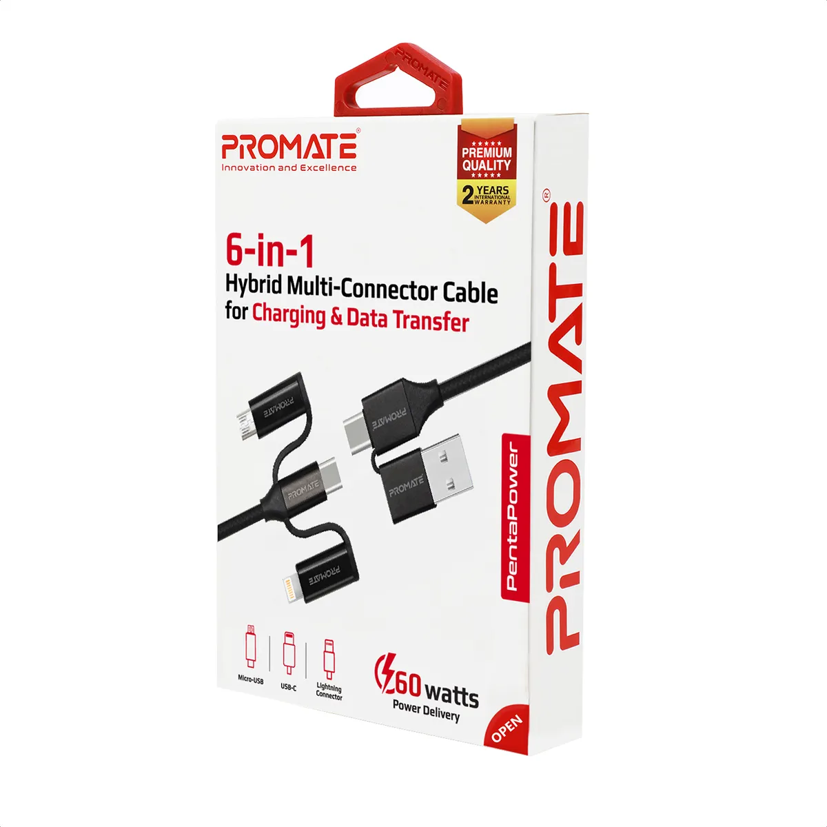 Кабель Promate PentaPower USB + USB Type-C -  Lightning + micro USB + USB Type-C (M/M), 3 A, 60 W, 1.2 м, Black - мініатюра 7