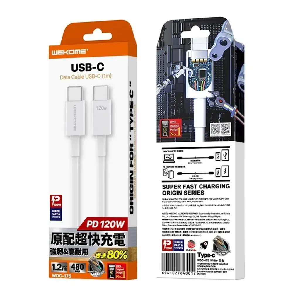Кабель WK WDC-175 USB Type-C - USB Type-C (M/M), 1.2 м, 20 W, White (6941027640012) - мініатюра 2