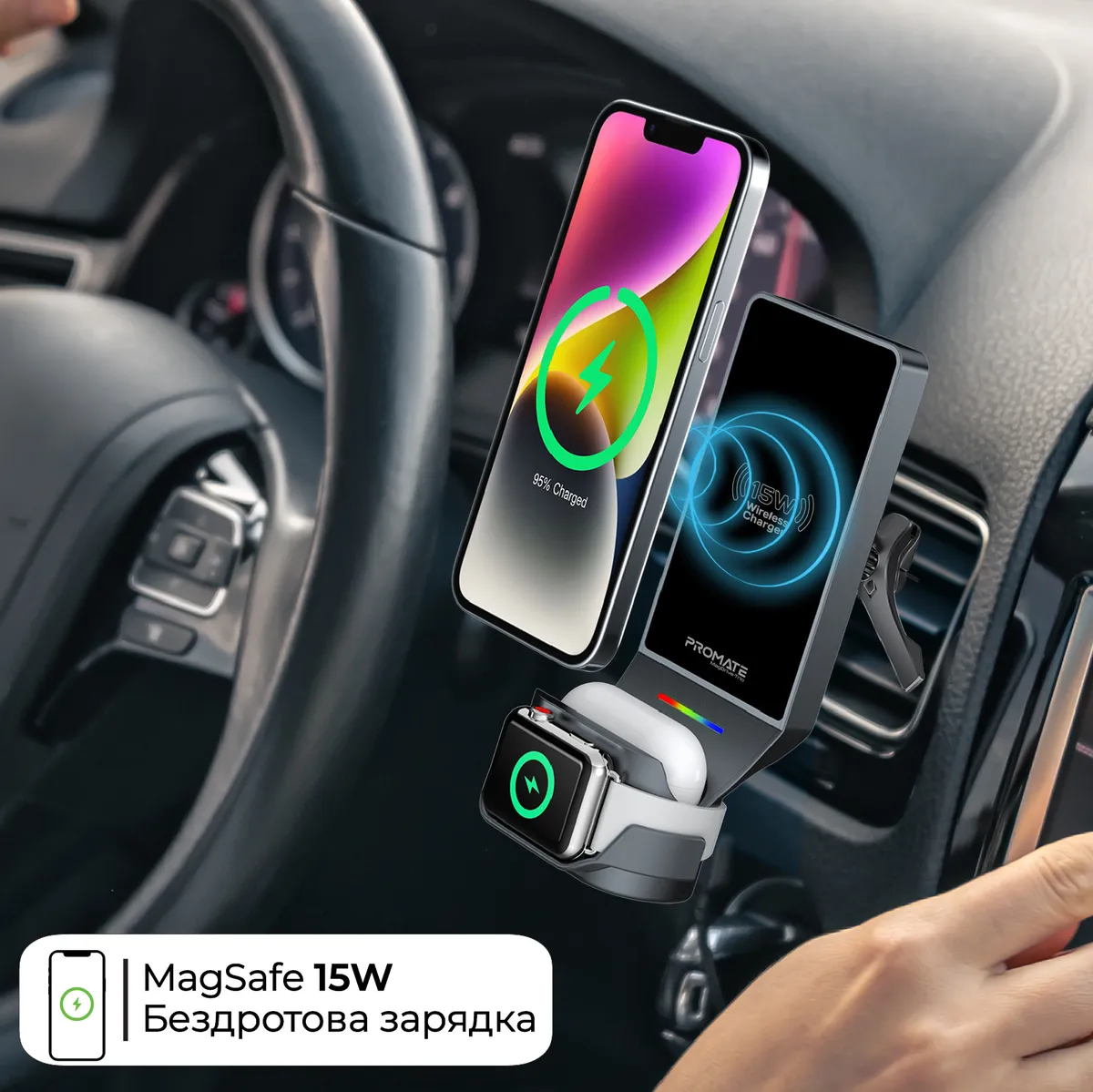 Бездротовий зарядний пристрій Promate MagDrive-Trio MagSafe Black - мініатюра 3