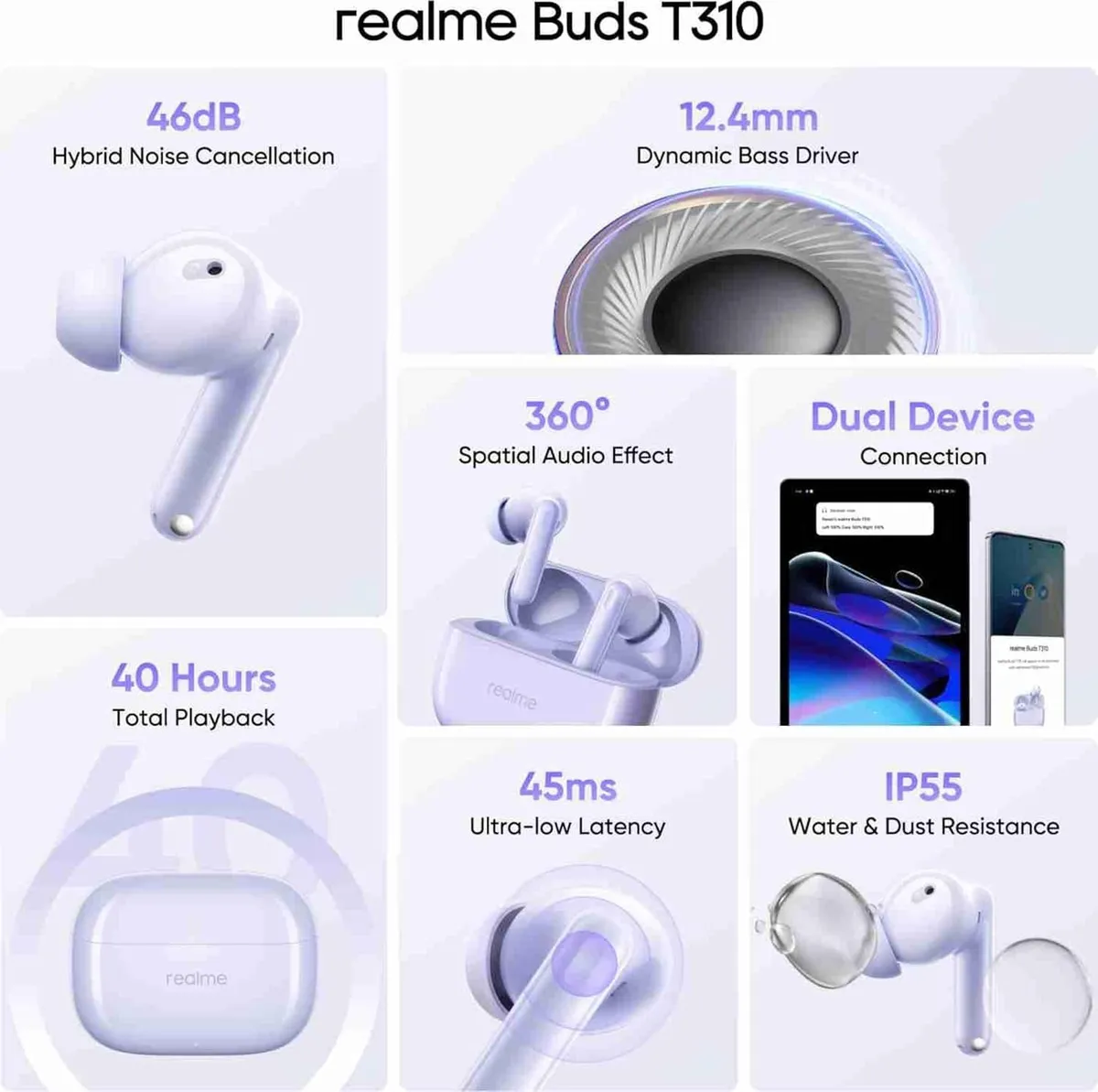 Bluetooth-гарнітура Realme Buds T310 Monet Purple - мініатюра 8