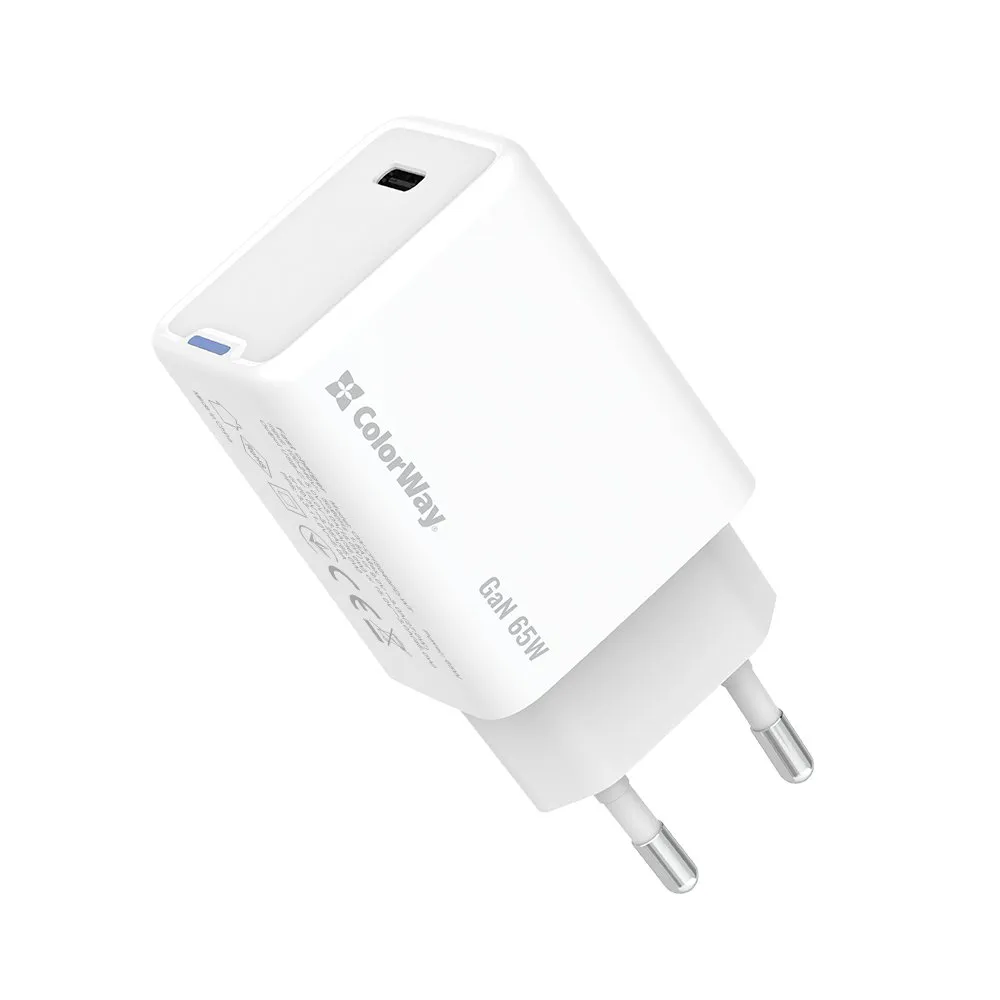 Мережевий зарядний пристрій ColorWay GaN Mini 65W PD Port PPS USB-C White (CW-CHS049PD-WT) - зображення 1