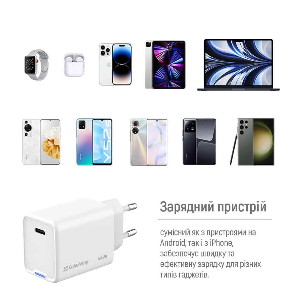 Мережевий зарядний пристрій ColorWay GaN Mini 65W PD Port PPS USB-C White (CW-CHS049PD-WT) - мініатюра 11