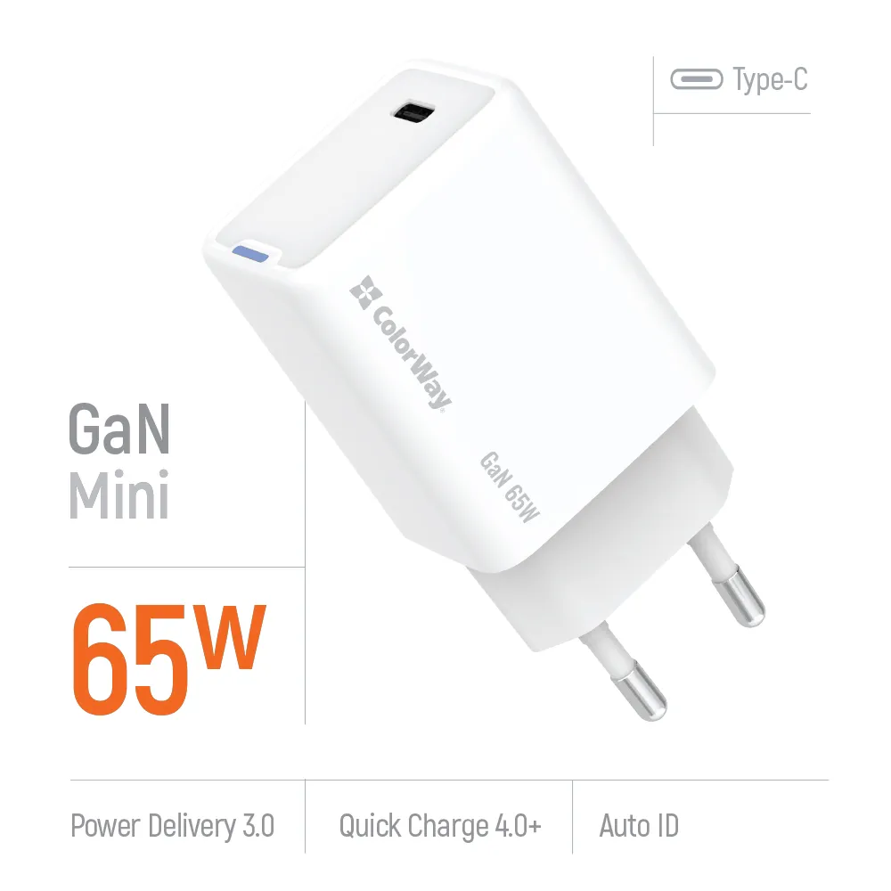 Мережевий зарядний пристрій ColorWay GaN Mini 65W PD Port PPS USB-C White (CW-CHS049PD-WT) - мініатюра 6