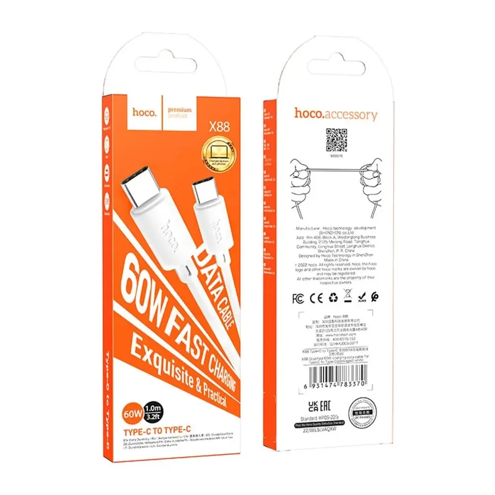 Кабель Hoco X88 Gratified 60W USB Type-C - USB Type-C (M/M), 1 м, White (6931474783370) - мініатюра 2