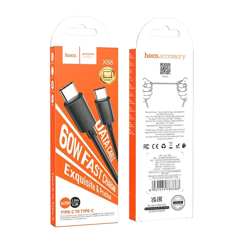 Кабель Hoco X88 Gratified 60W USB Type-C - USB Type-C (M/M), 1 м, Black (6931474783363) - мініатюра 2