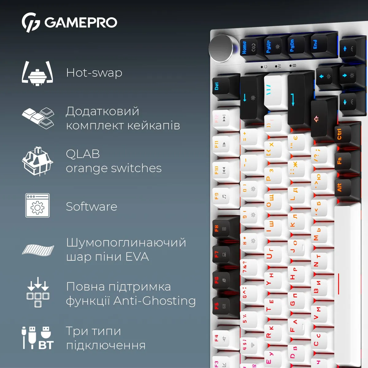 Бездротова механічна клавіатура GamePro Asgard Valhalla (MK160W Pro) 75% QLAB orange switches - мініатюра 8