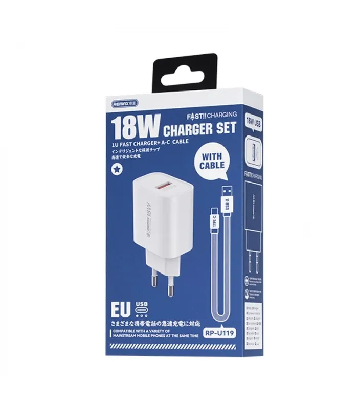 Мережевий зарядний пристрій Remax Kiddy Series 18W (1USB 2.1 А) White (RP-U119) + кабель USB Type-C