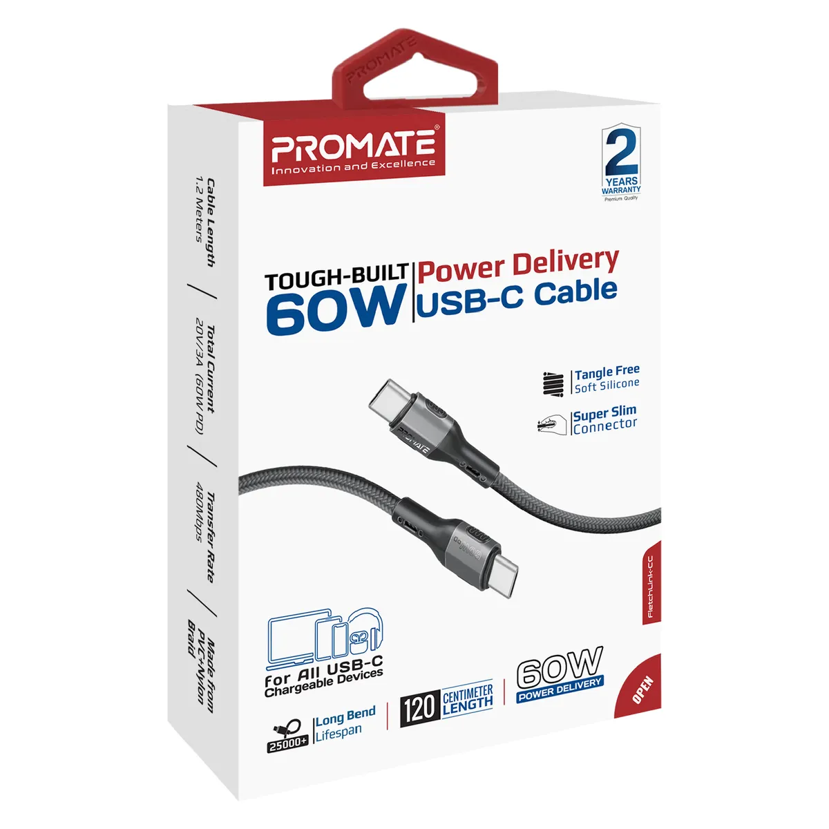 Кабель Promate USB Type-C - USB Type-C (M/M), 3A, 60W, 2 м, Black (ecoline-cc200.black) - мініатюра 5