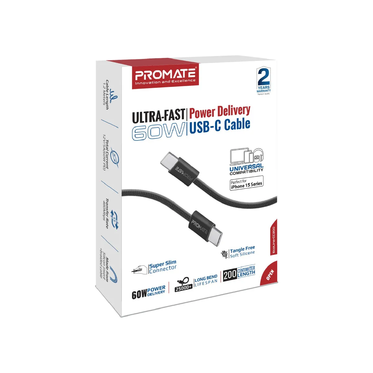 Кабель Promate USB Type-C - USB Type-C (M/M), 3A, 60W, 2 м, Black (ecoline-cc200.black) - мініатюра 6