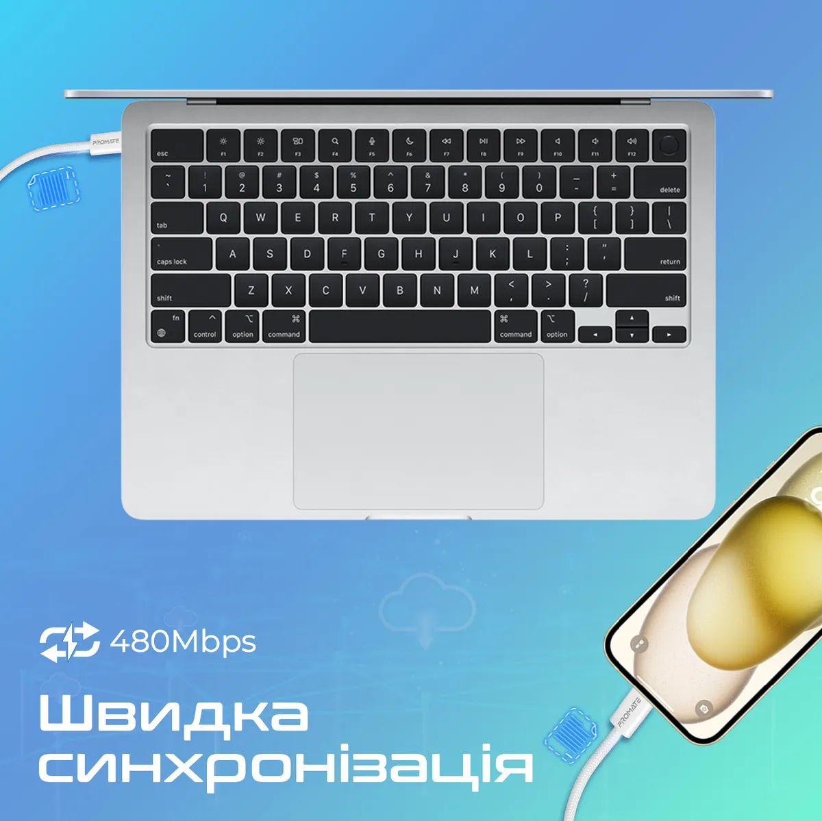 Кабель Promate USB Type-C - USB Type-C (M/M), 3A, 60W, 2 м, White (ecoline-cc200.white) - мініатюра 2