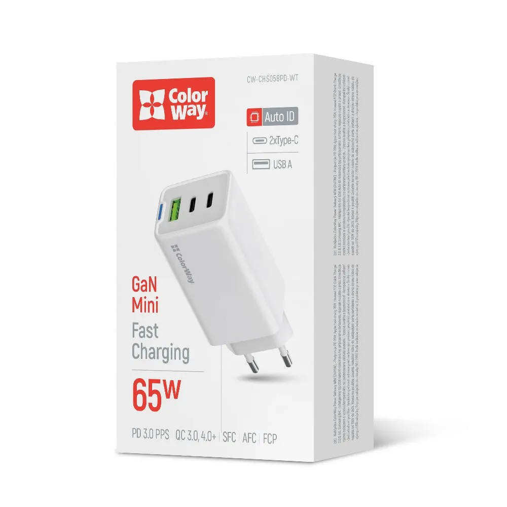 Мережевий зарядний пристрій ColorWay GaN Mini 65W PD Port PPS USB (USB-2C1A) White (CW-CHS058PD-WT) - зображення 1