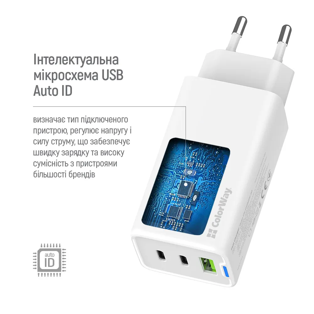 Мережевий зарядний пристрій ColorWay GaN Mini 65W PD Port PPS USB (USB-2C1A) White (CW-CHS058PD-WT) - мініатюра 10
