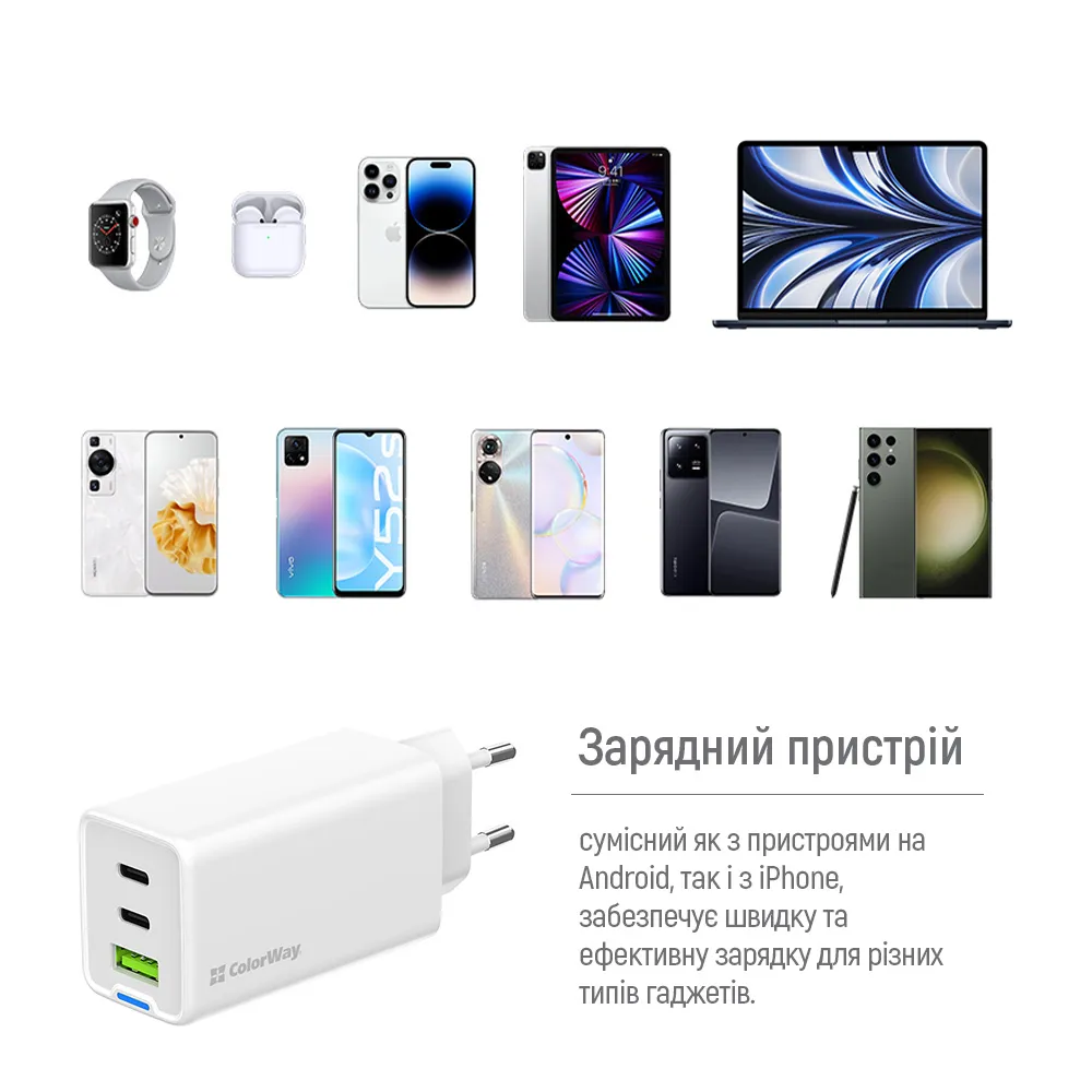 Мережевий зарядний пристрій ColorWay GaN Mini 65W PD Port PPS USB (USB-2C1A) White (CW-CHS058PD-WT) - мініатюра 12