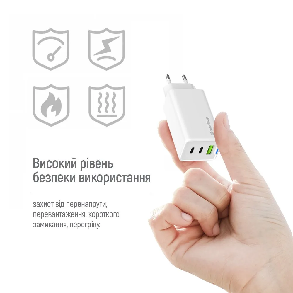 Мережевий зарядний пристрій ColorWay GaN Mini 65W PD Port PPS USB (USB-2C1A) White (CW-CHS058PD-WT) - мініатюра 13