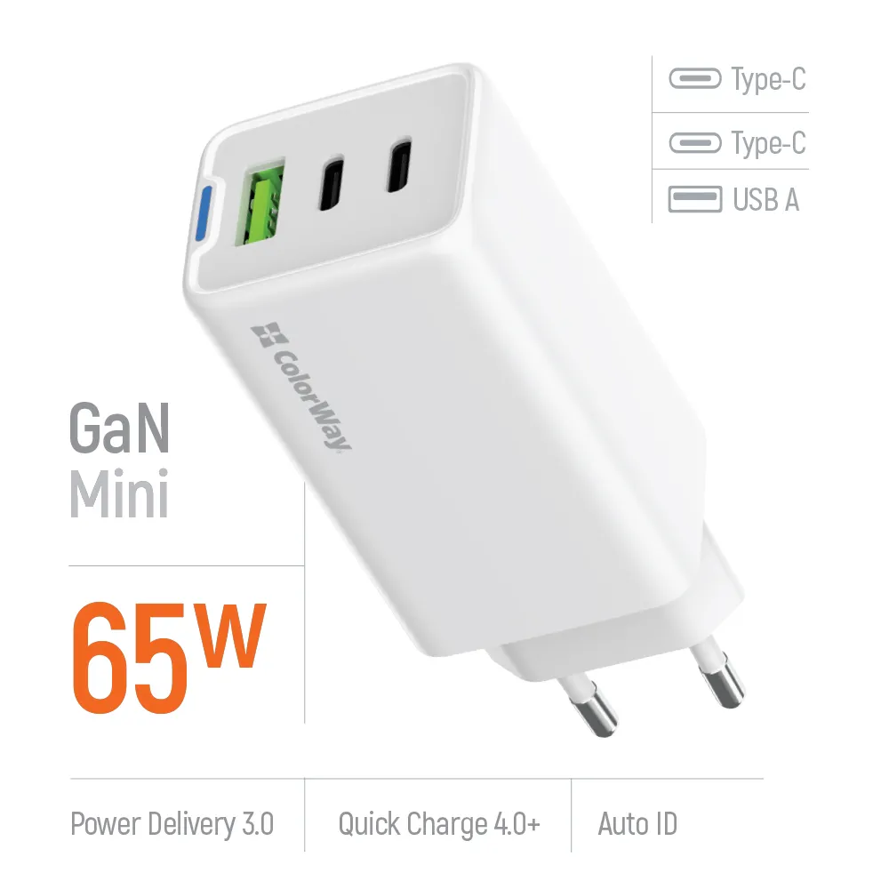 Мережевий зарядний пристрій ColorWay GaN Mini 65W PD Port PPS USB (USB-2C1A) White (CW-CHS058PD-WT) - мініатюра 7