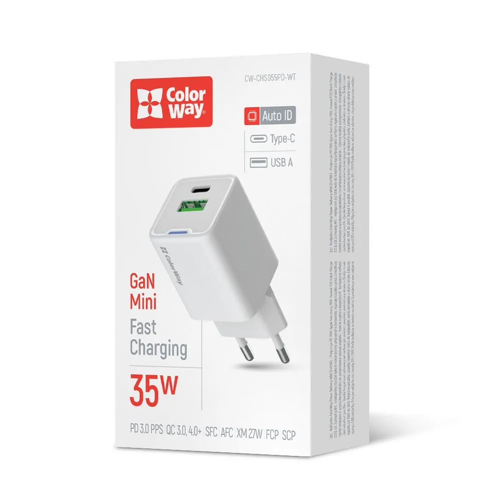 Мережевий зарядний пристрій ColorWay GaN Mini 35W PD Port PPS USB (Type-C PD + USB QC4.0) White (CW-CHS055PD-WT)