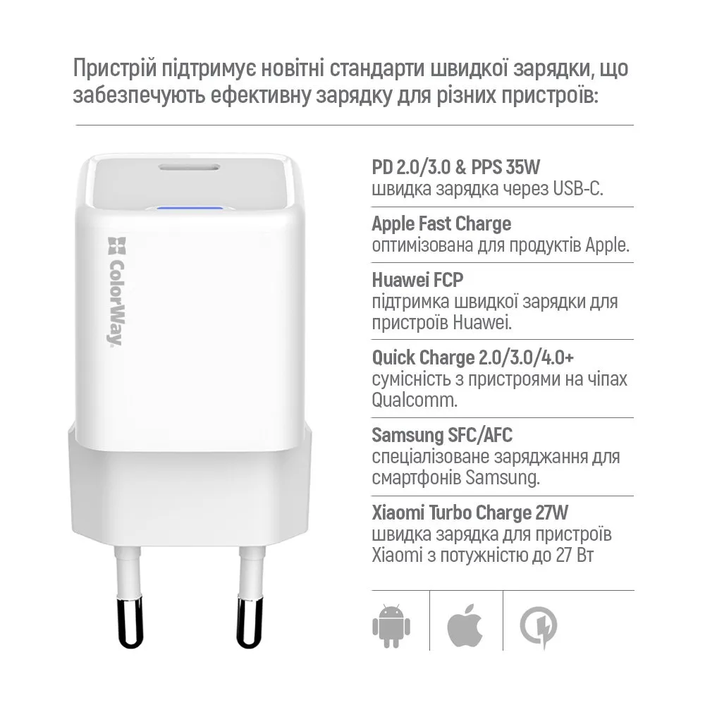 Мережевий зарядний пристрій ColorWay GaN Mini 35W PD Port PPS USB-C White (CW-CHS056PD-WT) - мініатюра 8