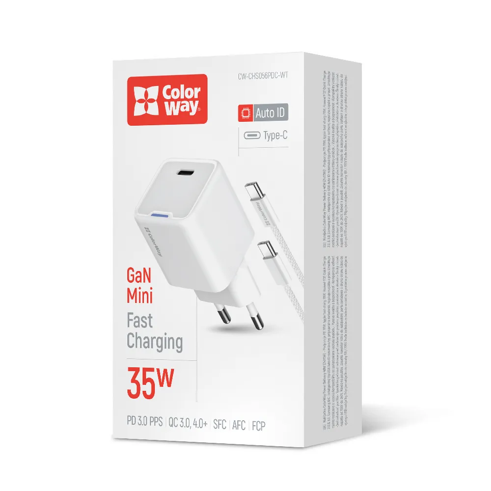 Мережевий зарядний пристрій ColorWay GaN Mini 35W PD Port PPS USB-C White (CW-CHS056PDC-WT) + кабель USB Type-C