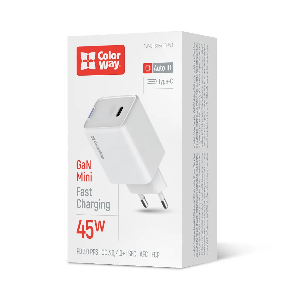 Мережевий зарядний пристрій ColorWay GaN Mini 45W PD Port PPS USB-C White (CW-CHS057PD-WT) - зображення 1