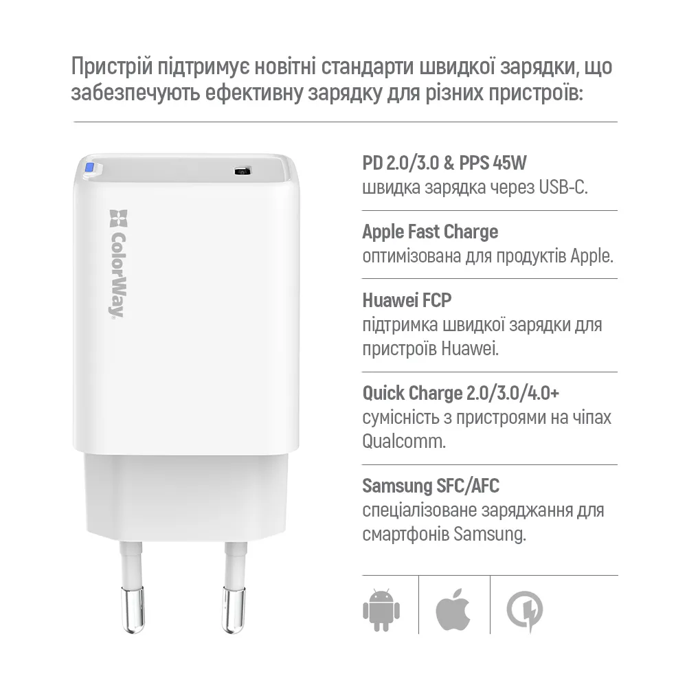 Мережевий зарядний пристрій ColorWay GaN Mini 45W PD Port PPS USB-C White (CW-CHS057PD-WT) - мініатюра 9