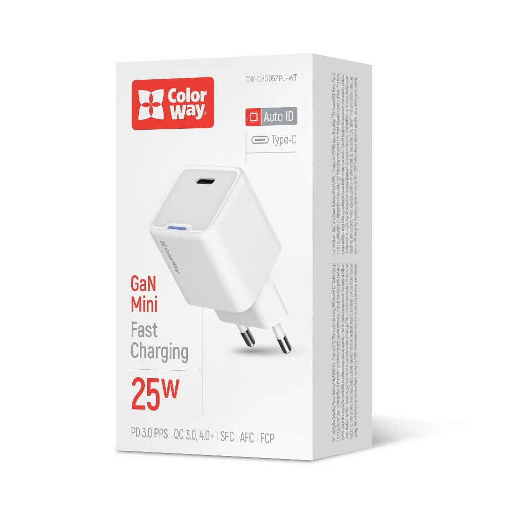 Мережевий зарядний пристрій ColorWay GaN Mini 25W PD Port PPS USB-C White (CW-CHS052PD-WT) - зображення 1