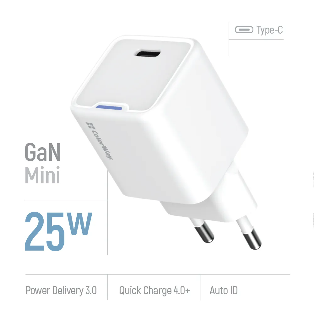 Мережевий зарядний пристрій ColorWay GaN Mini 25W PD Port PPS USB-C White (CW-CHS052PD-WT) - мініатюра 7