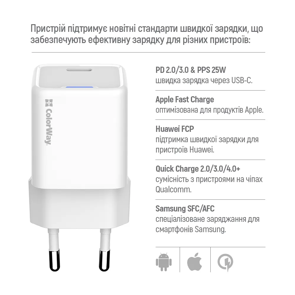 Мережевий зарядний пристрій ColorWay GaN Mini 25W PD Port PPS USB-C White (CW-CHS052PD-WT) - мініатюра 8