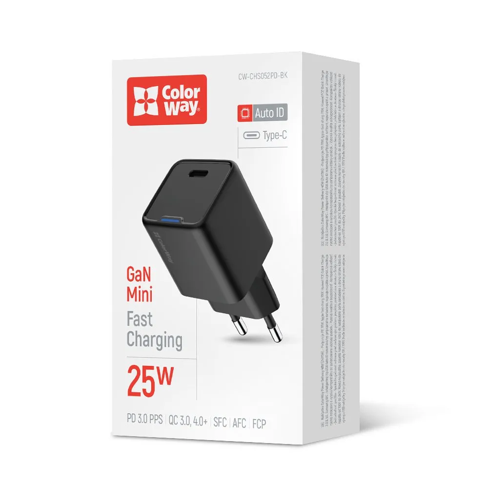 Мережевий зарядний пристрій ColorWay GaN Mini 25W PD Port PPS USB-C Black (CW-CHS052PD-BK) - зображення 1