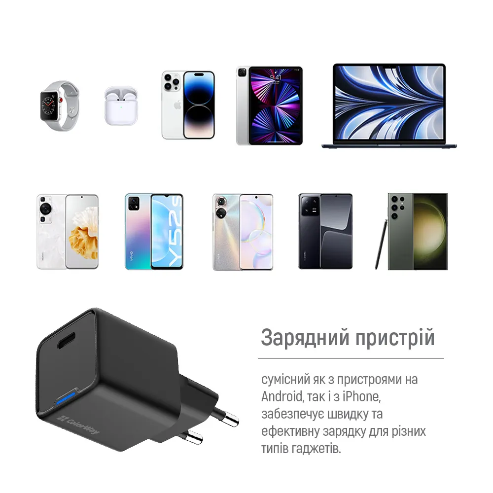 Мережевий зарядний пристрій ColorWay GaN Mini 25W PD Port PPS USB-C Black (CW-CHS052PD-BK) - мініатюра 12