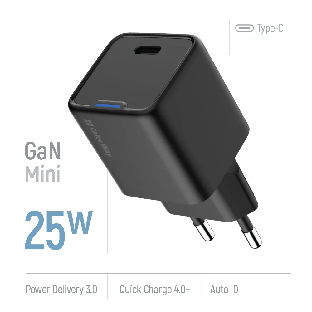 Мережевий зарядний пристрій ColorWay GaN Mini 25W PD Port PPS USB-C Black (CW-CHS052PD-BK) - мініатюра 7