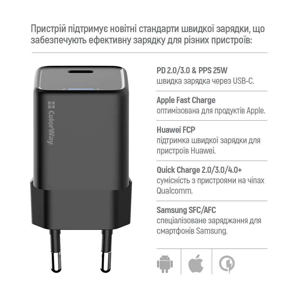 Мережевий зарядний пристрій ColorWay GaN Mini 25W PD Port PPS USB-C Black (CW-CHS052PD-BK) - мініатюра 9
