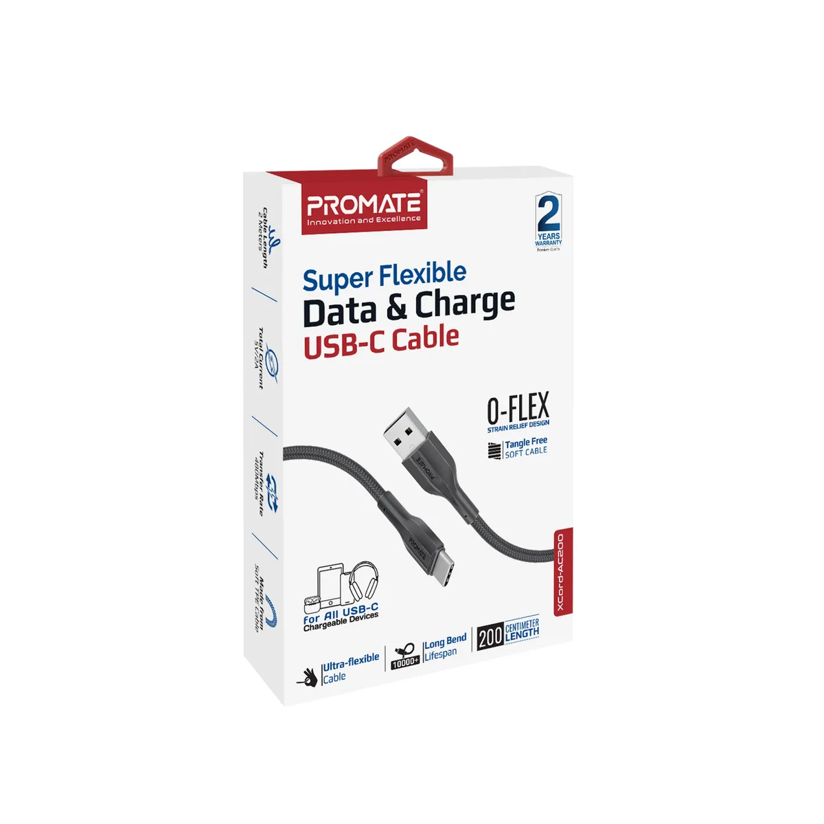 Кабель Promate xCord-AC200 USB - USB Type-C (M/M), 2 м, Black (xcord-ac200.black) - мініатюра 6