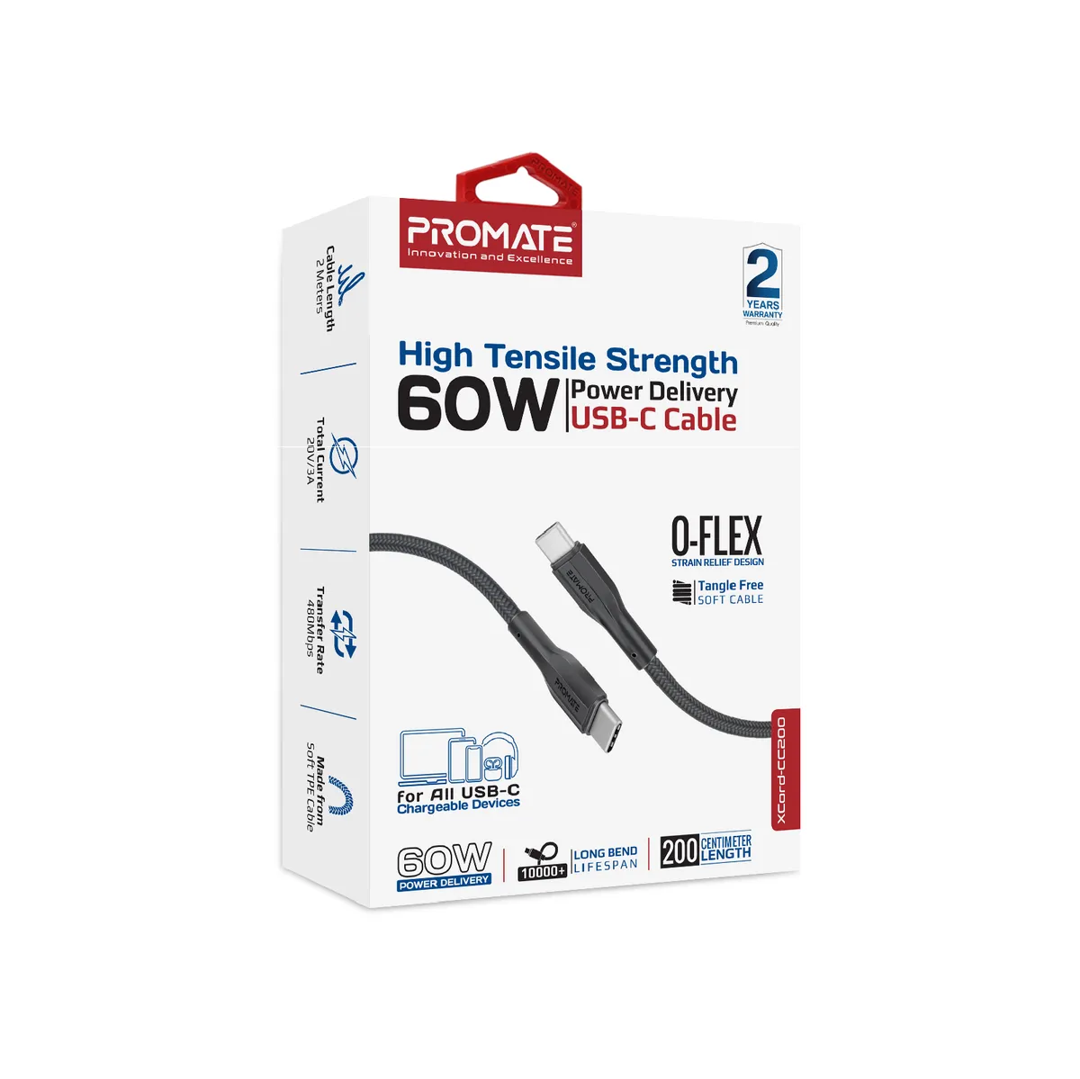 Кабель Promate xCord-CC200 USB Type-C - USB Type-C (M/M), 2 м, Black (xcord-cc200.black) - мініатюра 6