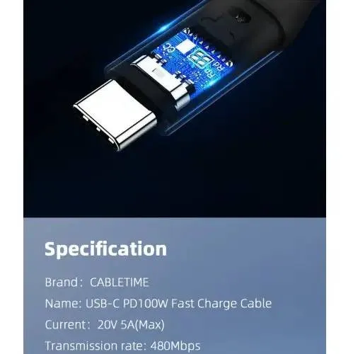 Кабель Cabletime USB Type-C - USB Type-C (M/M) PD 100W, 2 м, Black (CU02L) - мініатюра 3