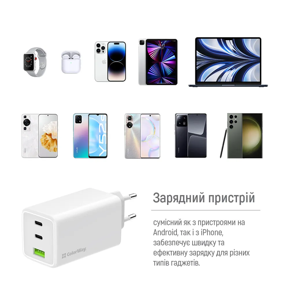 Мережевий зарядний пристрій ColorWay GaN Mini 100W PD Port PPS USB (USB-2C1A) White (CW-CHS061PD-WT) - мініатюра 11