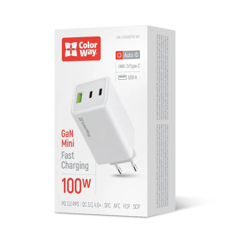Мережевий зарядний пристрій ColorWay GaN Mini 100W PD Port PPS USB (USB-2C1A) White (CW-CHS061PD-WT) - мініатюра 13