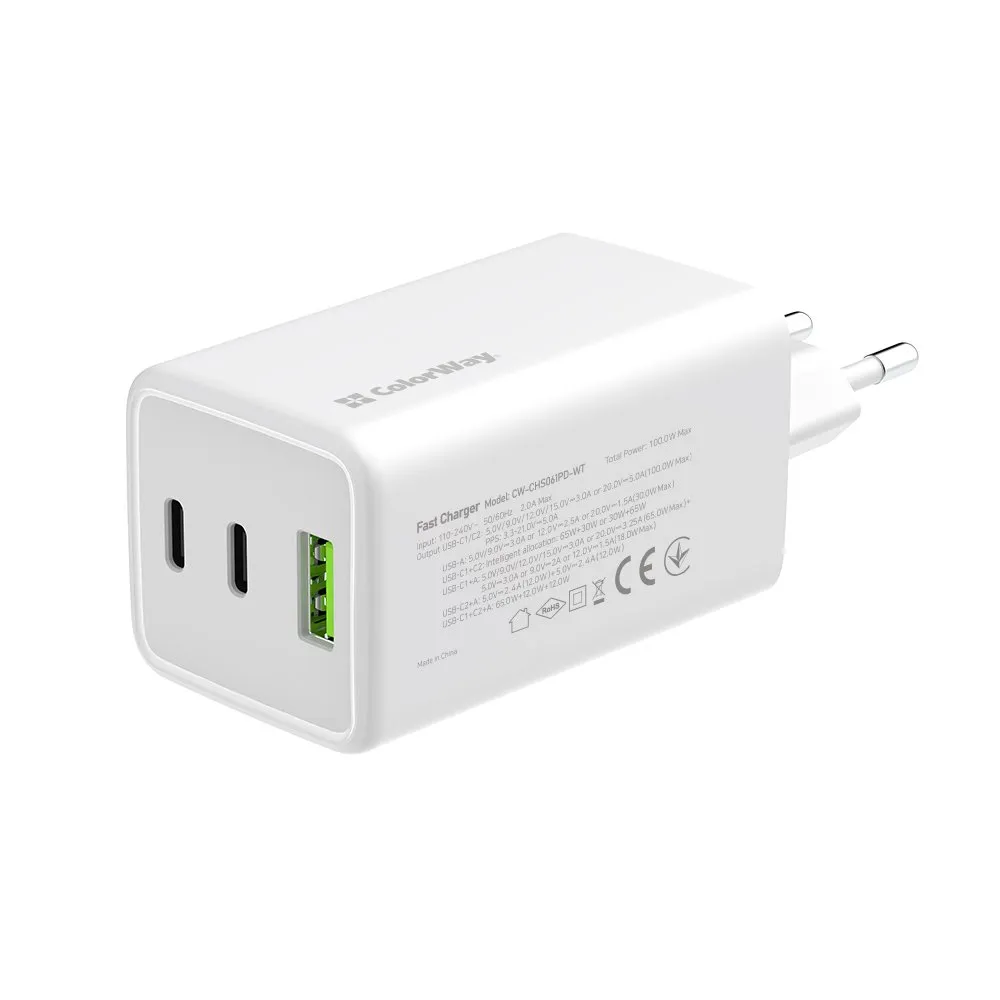 Мережевий зарядний пристрій ColorWay GaN Mini 100W PD Port PPS USB (USB-2C1A) White (CW-CHS061PD-WT) - мініатюра 3