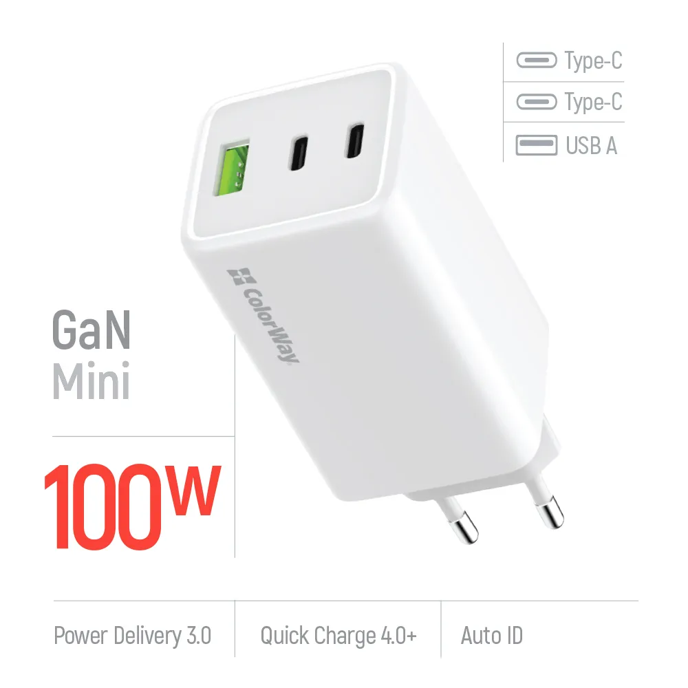 Мережевий зарядний пристрій ColorWay GaN Mini 100W PD Port PPS USB (USB-2C1A) White (CW-CHS061PD-WT) - мініатюра 6